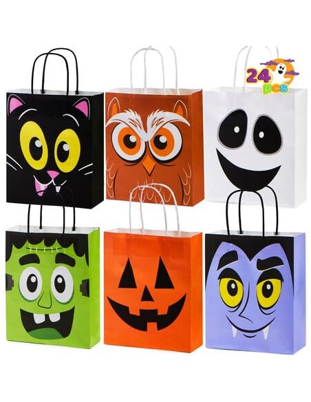 JOYIN 24 bolsas coloridas de Halloween con asas, bolsas de regalo de papel para truco o trato, regalos y suministros para