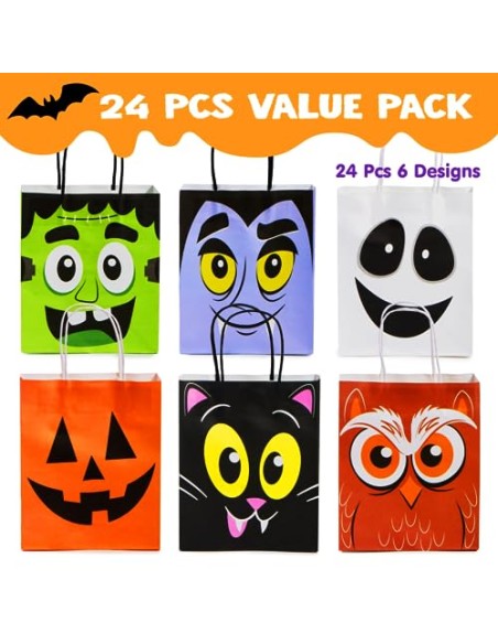 JOYIN 24 bolsas coloridas de Halloween con asas, bolsas de regalo de papel para truco o trato, regalos y suministros para
