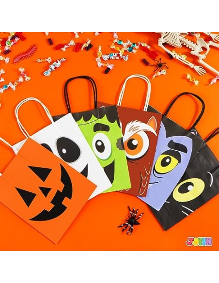 JOYIN 24 bolsas coloridas de Halloween con asas, bolsas de regalo de papel para truco o trato, regalos y suministros para
