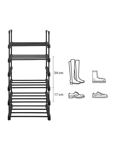 SONGMICS Zapatero, Entrada recibidor, 10 Niveles, Metal, Negro | Estantería de Zapatos, Estante Apilable, 45 x 30 x 174 cm, para