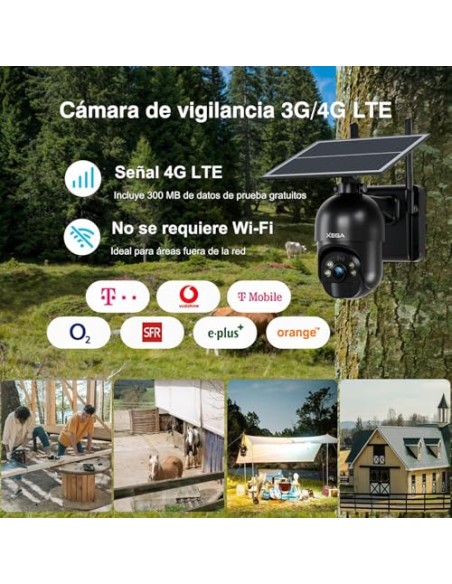 Xega 4G LTE Cámara de Seguridad Inalámbrica para Exteriores Solar | 2K HD Cámara 355°/95°, Sensor de Movimiento PIR, Visión