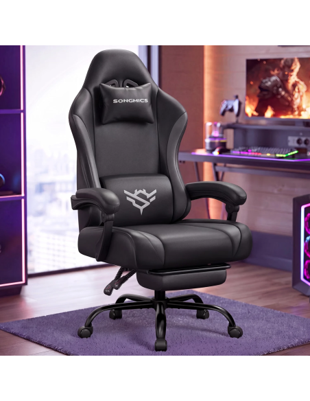 SONGMICS OBG091BH01 silla gaming ergonómica negra con reposapiés