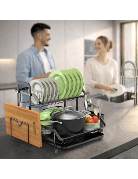 2 Niveles Escurridor de Platos, Estante de Escurreplatos Cocina Organizador | con Soporte para Utensilios, Ahorra Espacio, Gran
