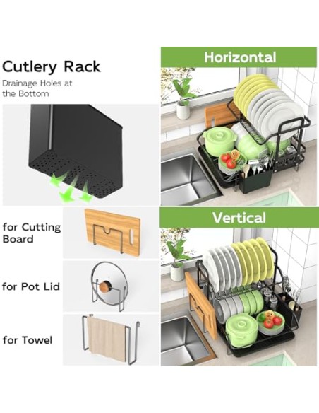 2 Niveles Escurridor de Platos, Estante de Escurreplatos Cocina Organizador | con Soporte para Utensilios, Ahorra Espacio, Gran
