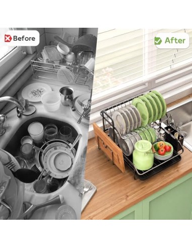 2 Niveles Escurridor de Platos, Estante de Escurreplatos Cocina Organizador | con Soporte para Utensilios, Ahorra Espacio, Gran