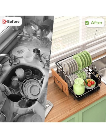 2 Niveles Escurridor de Platos, Estante de Escurreplatos Cocina Organizador | con Soporte para Utensilios, Ahorra Espacio, Gran