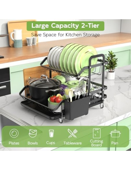 2 Niveles Escurridor de Platos, Estante de Escurreplatos Cocina Organizador | con Soporte para Utensilios, Ahorra Espacio, Gran