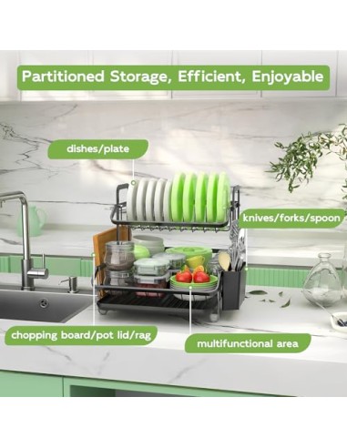 2 Niveles Escurridor de Platos, Estante de Escurreplatos Cocina Organizador | con Soporte para Utensilios, Ahorra Espacio, Gran