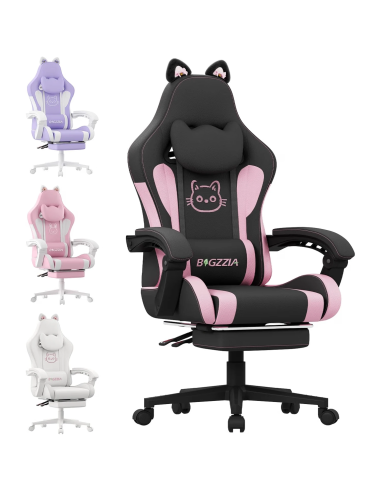 Bigzzia silla gaming negro rosa con orejas de gato masaje y reposapiés