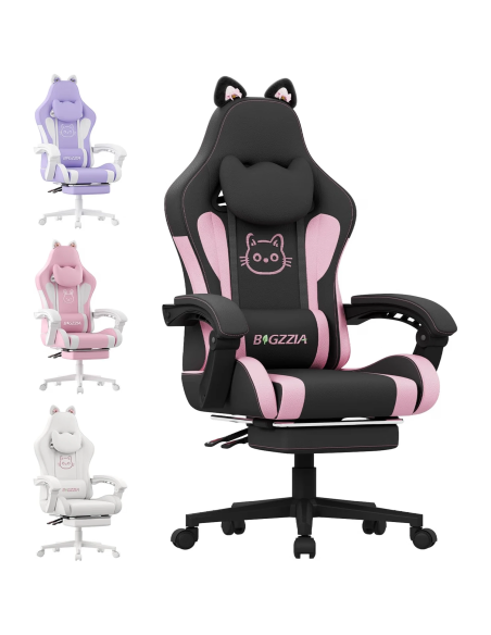 Bigzzia silla gaming negro rosa con orejas de gato masaje y reposapiés