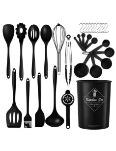 Juego de utensilios de cocina de silicona (32 piezas) con mango de acero inoxidable resistentes al calor y antiadherentes con