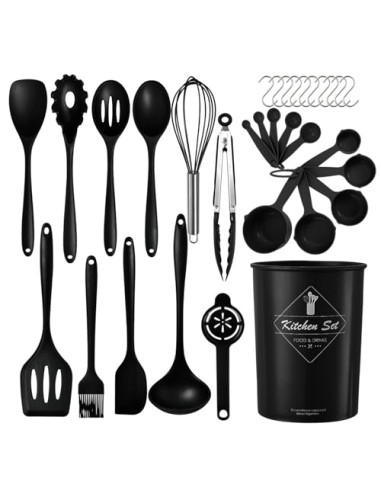 Juego de utensilios de cocina de silicona (32 piezas) con mango de acero inoxidable resistentes al calor y antiadherentes con