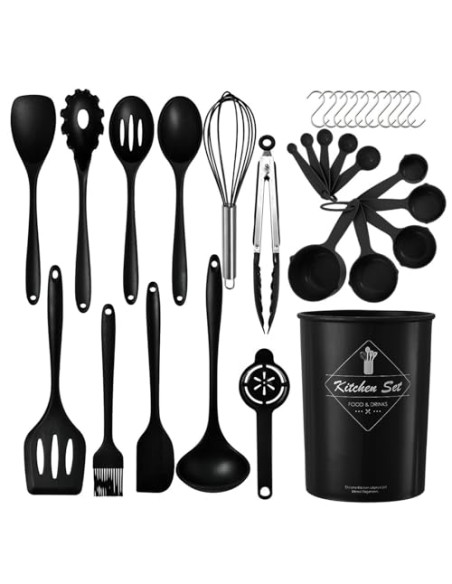 Juego de utensilios de cocina de silicona (32 piezas) con mango de acero inoxidable resistentes al calor y antiadherentes con