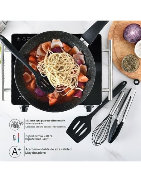 Juego de utensilios de cocina de silicona (32 piezas) con mango de acero inoxidable resistentes al calor y antiadherentes con