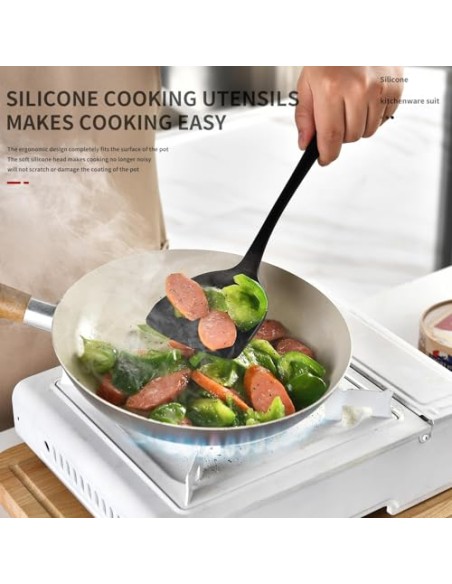 Juego de utensilios de cocina de silicona (32 piezas) con mango de acero inoxidable resistentes al calor y antiadherentes con