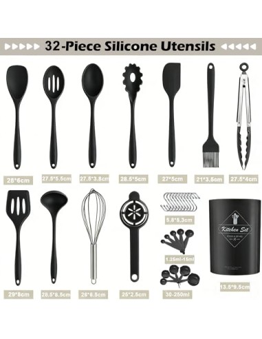 Juego de utensilios de cocina de silicona (32 piezas) con mango de acero inoxidable resistentes al calor y antiadherentes con