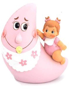 Muñeco-hucha para la tarta de Bautizo o babyshower, niña sobre media luna rosa