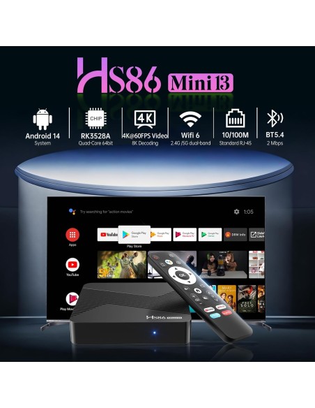 Smart TV Box Android 14.0 4K@60FPS, 2026 Última Android Box RK3528 RAM 2G ROM 16G WiFi6 Enternet 10/100M Bluetooth 5.0 USB 3.0