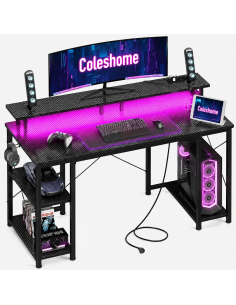 Coleshome Escritorio Gaming 120x50 cm con LED, Enchufes y USB – Negro