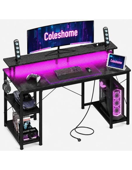 Coleshome Escritorio Gaming 120x50 cm con LED, Enchufes y USB – Negro