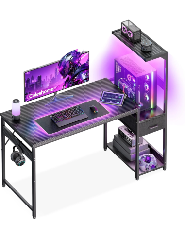 Coleshome escritorio gaming 120x48 con LED cajón y estantería
