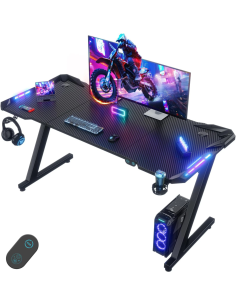 Escritorio gaming Devoko 120x60 cm negro con iluminación LED RGB, alfombrilla, portavasos y gancho para auriculares