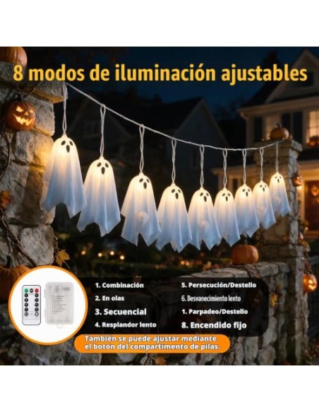 Lypumso Halloween Decoracion Luces Fantasmas 2.7M, 8 Modos de Iluminación | Guirnalda Luces Fantasma de Halloween, Control