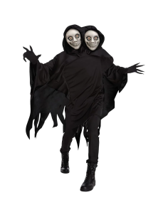 Disfraz de la Muerte Morph para adulto con túnica negra, capucha, máscara de dos cabezas y guantes para Halloween
 Copiar