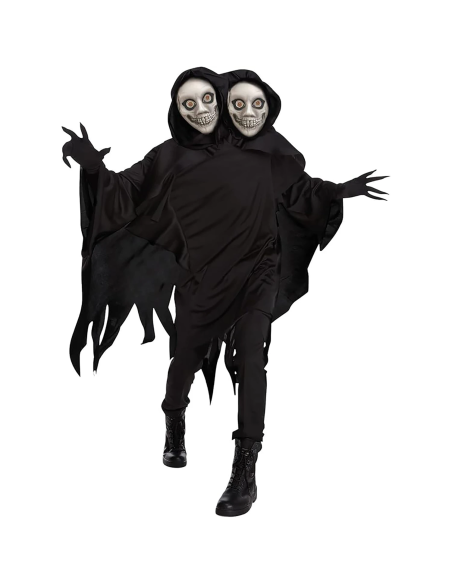 Disfraz de la Muerte Morph para adulto con túnica negra, capucha, máscara de dos cabezas y guantes para Halloween
 Copiar