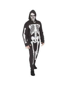 Disfraz de esqueleto Rubies para adulto con mono negro, huesos blancos estampados y capucha para Halloween