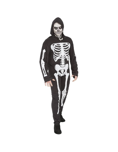 Disfraz de esqueleto Rubies para adulto con mono negro, huesos blancos estampados y capucha para Halloween