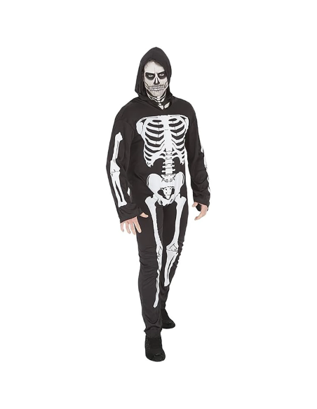 Disfraz de esqueleto Rubies para adulto con mono negro, huesos blancos estampados y capucha para Halloween