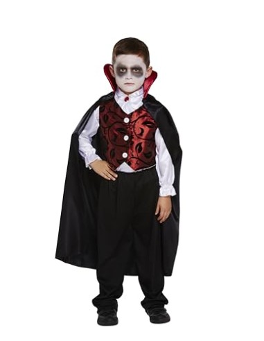 Disfraz infantil Vampiro lujo mediano 7-9 AÑOS | Juego de 4 piezas, negro y rojo, capa incluida, chaleco de brocado