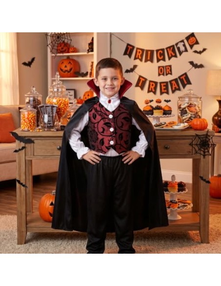Disfraz infantil Vampiro lujo mediano 7-9 AÑOS | Juego de 4 piezas, negro y rojo, capa incluida, chaleco de brocado