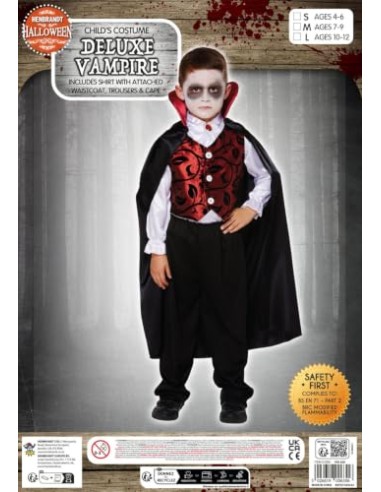 Disfraz infantil Vampiro lujo mediano 7-9 AÑOS | Juego de 4 piezas, negro y rojo, capa incluida, chaleco de brocado