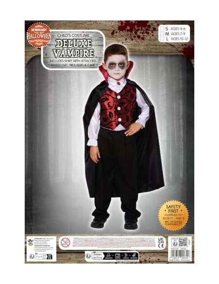 Disfraz infantil Vampiro lujo mediano 7-9 AÑOS | Juego de 4 piezas, negro y rojo, capa incluida, chaleco de brocado