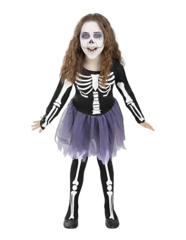 Funidelia Disfraz de esqueleto para niña, Incluye vestido con tutú que brilla en la oscuridad, Talla 3-4 años, Calavera - Traje