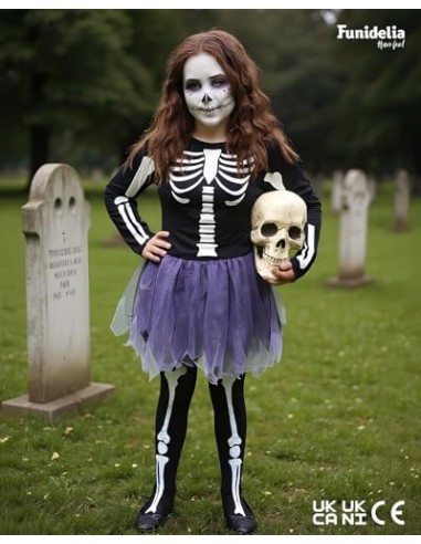 Funidelia Disfraz de esqueleto para niña, Incluye vestido con tutú que brilla en la oscuridad, Talla 3-4 años, Calavera - Traje