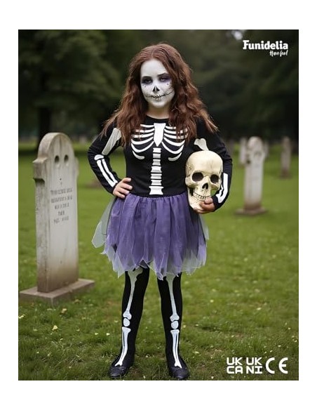 Funidelia Disfraz de esqueleto para niña, Incluye vestido con tutú que brilla en la oscuridad, Talla 3-4 años, Calavera - Traje