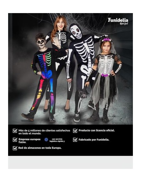 Funidelia Disfraz de esqueleto para niño, Incluye mono con capucha, Talla 10-12 años, Calavera - Traje para niños para fiestas,