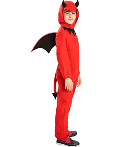 Funidelia Disfraz de diablo para niño, Incluye mono con alas, capucha y cola, Demonio, Diablo - Traje para niños para fiestas,