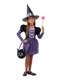 Funidelia Disfraz de bruja con accesorios para niña, Talla 7-9 años Brujas, Magos - Traje para niños para fiestas, Carnaval y