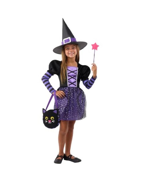 Funidelia Disfraz de bruja con accesorios para niña, Talla 7-9 años Brujas, Magos - Traje para niños para fiestas, Carnaval y