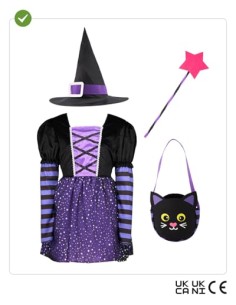 Funidelia Disfraz de bruja con accesorios para niña, Talla 7-9 años Brujas, Magos - Traje para niños para fiestas, Carnaval y 2
