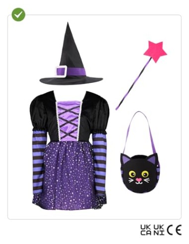 Funidelia Disfraz de bruja con accesorios para niña, Talla 7-9 años Brujas, Magos - Traje para niños para fiestas, Carnaval y