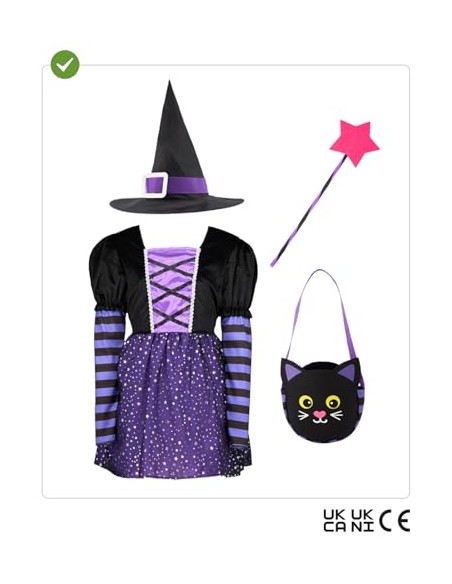 Funidelia Disfraz de bruja con accesorios para niña, Talla 7-9 años Brujas, Magos - Traje para niños para fiestas, Carnaval y