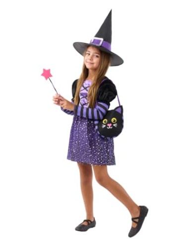 Funidelia Disfraz de bruja con accesorios para niña, Talla 7-9 años Brujas, Magos - Traje para niños para fiestas, Carnaval y