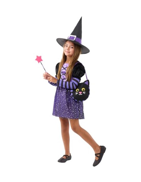 Funidelia Disfraz de bruja con accesorios para niña, Talla 7-9 años Brujas, Magos - Traje para niños para fiestas, Carnaval y