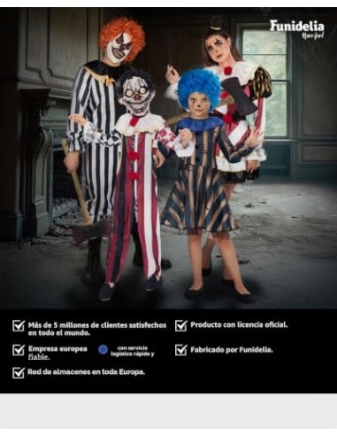 Funidelia Disfraz de payaso terrorífico Premium para hombre, Incluye mono, camisa, gorguera y máscara con pelo, Payaso Asesino -