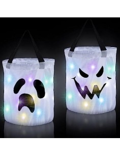 ZHDOKa 2 Cubos Iluminados para Truco o Trato de Halloween, Bolsas de Caramelos Grandes de Calabaza LED, Cubo de Regalo